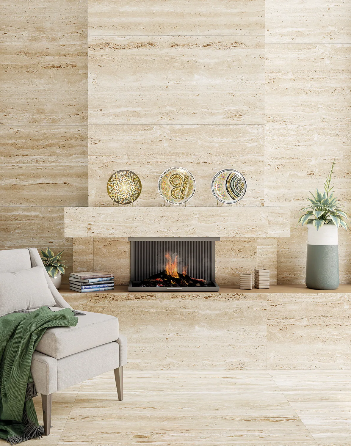 Piedra flexible Travertino Beige 300 instalado