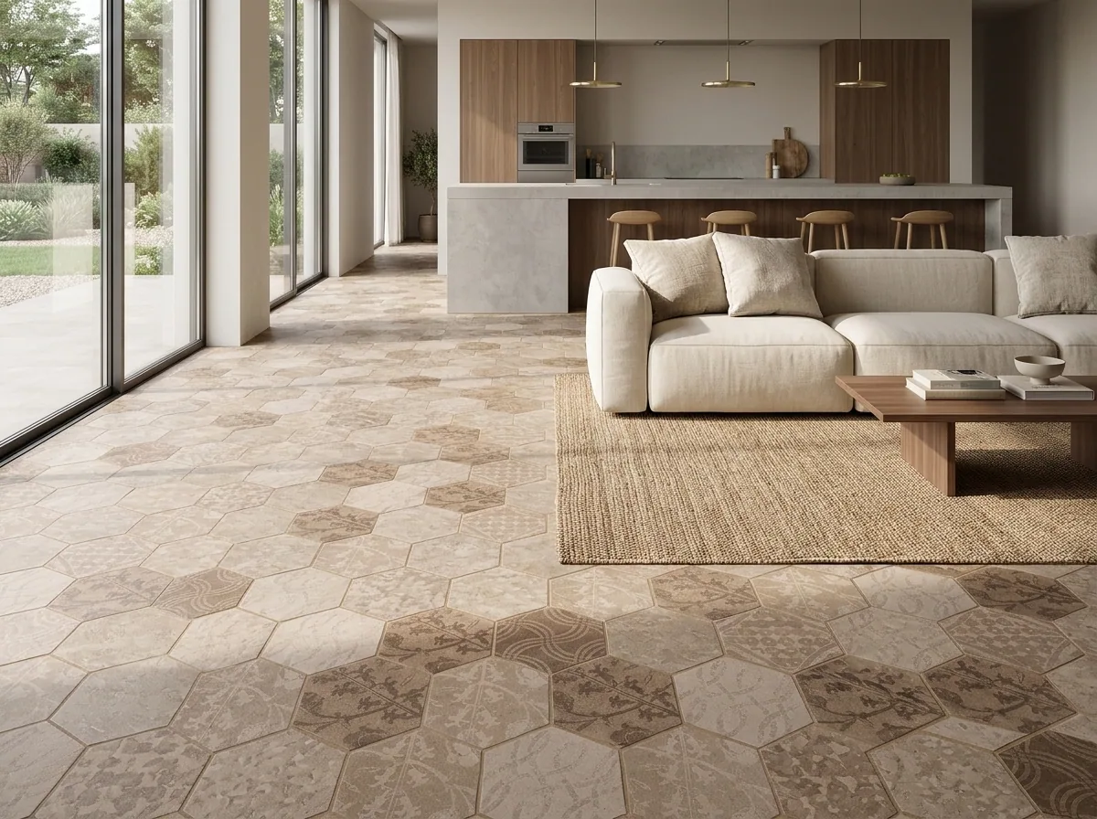 Porcelanato Atlas Hexagon Patch Warm 22×25 instalado