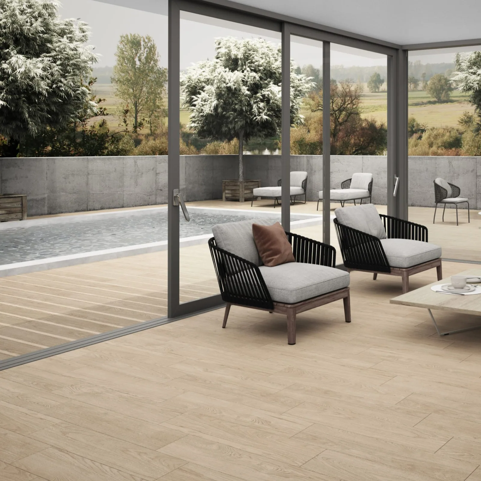 Porcelanato Nomad Deck Honey 22,5×90 instalado