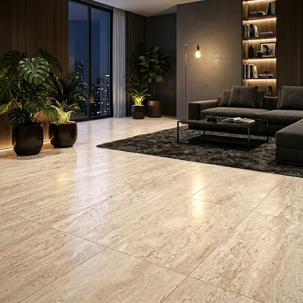 Gres Gran Travertino Beige Pulido 60×120 instalado