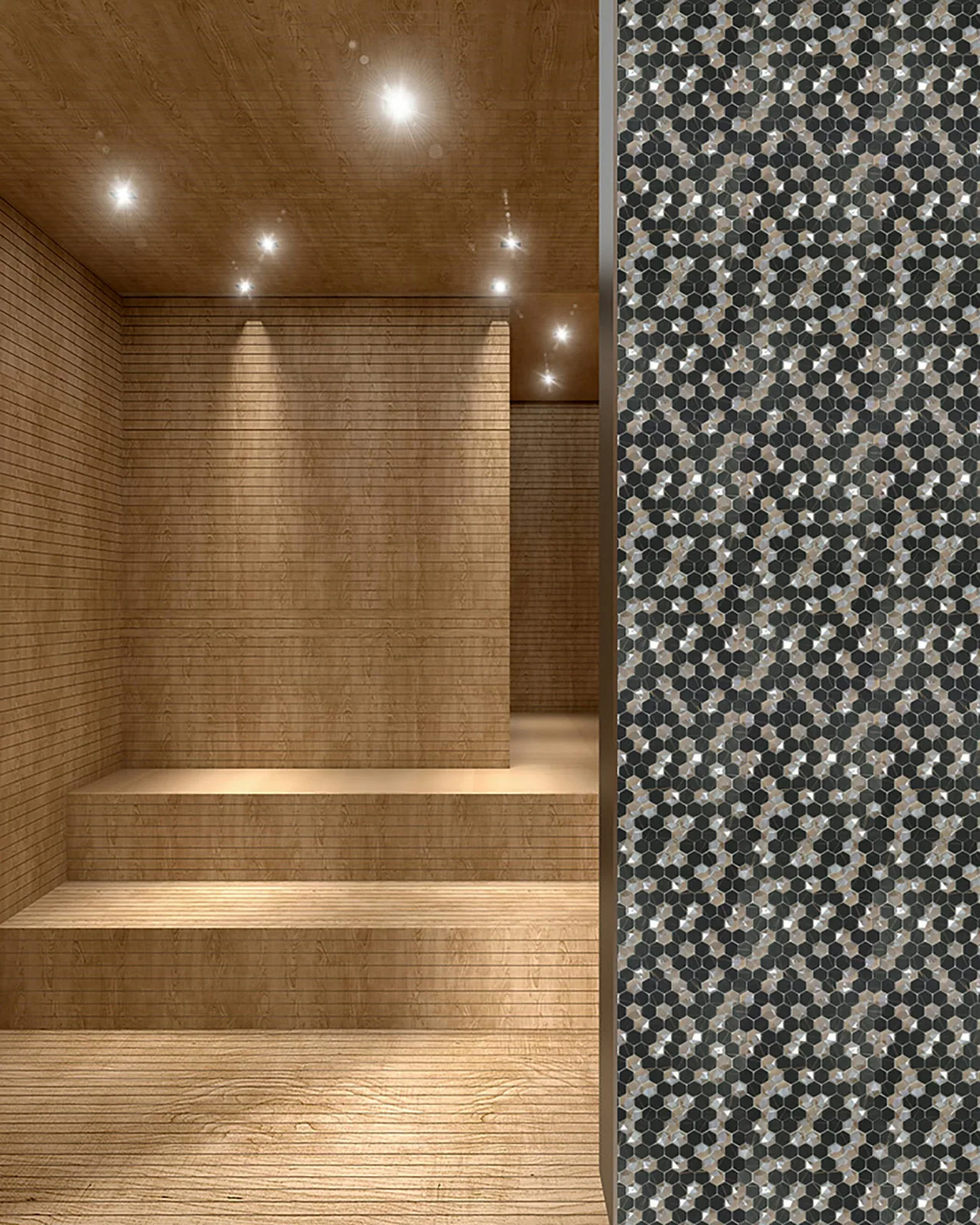 Mosaico Sahara Mix Coffee HEX 3,5×3,5 instalado
